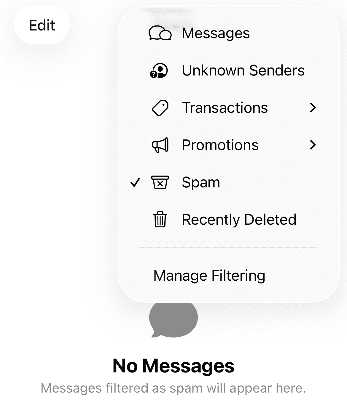 SmishAlert iOS app message filtering: Messages, Unknown Senders, Spam, and Manage Filtering.